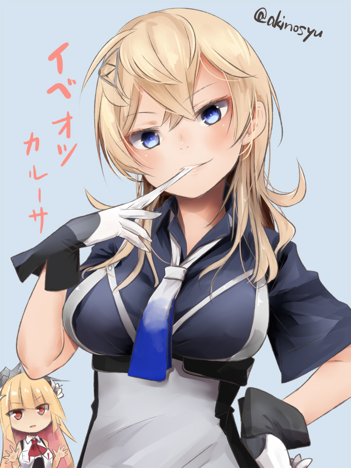 2girls, akino_shuu, ascot, black_shirt, blonde_hair, blue_eyes, blue_necktie, blush