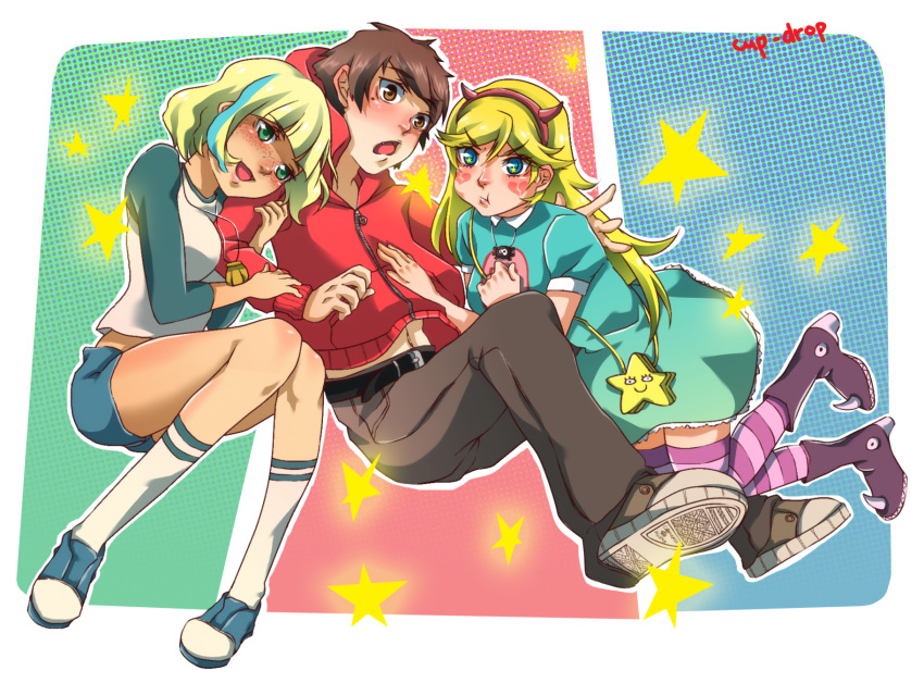 1boy, 2girls, blonde_hair, blue_eyes, brown_eyes, brown_hair, green_eyes, horns
