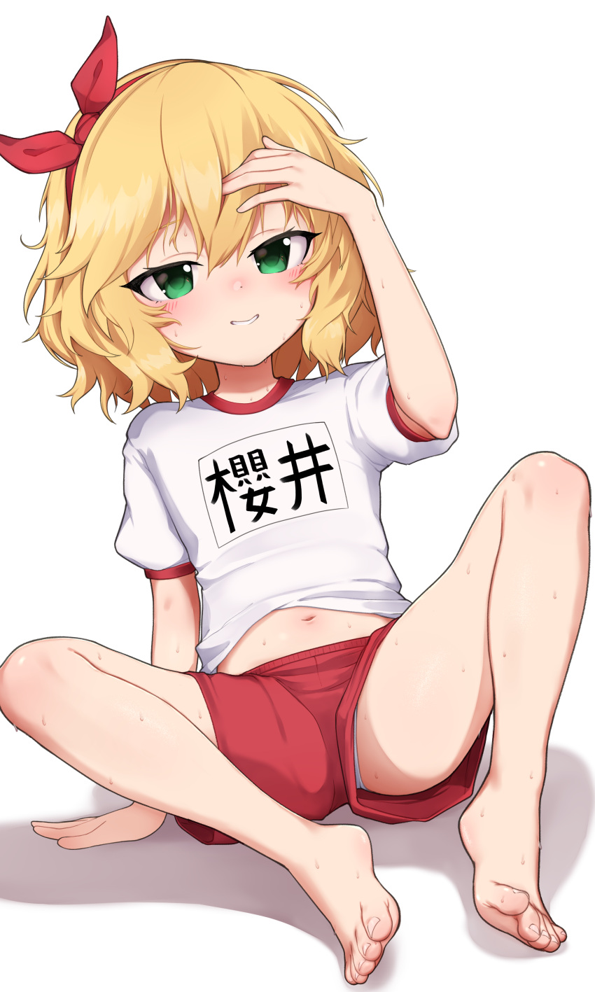 1girl, absurdres, barefoot, blonde_hair, feet, goki_buri, green_eyes, gym_uniform