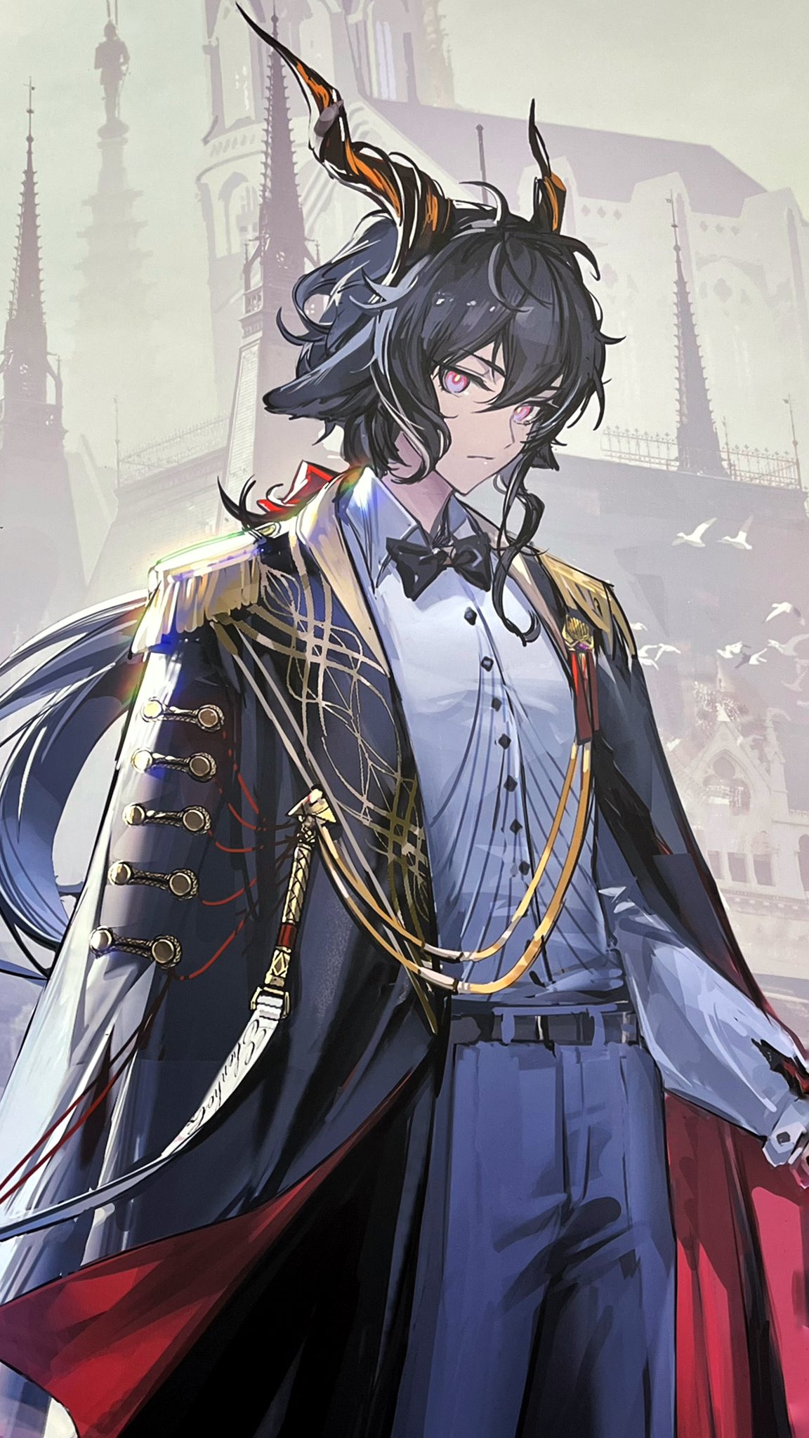 1boy, animal_ears, arknights, belt, black_belt, black_bow, black_bowtie, black_cape