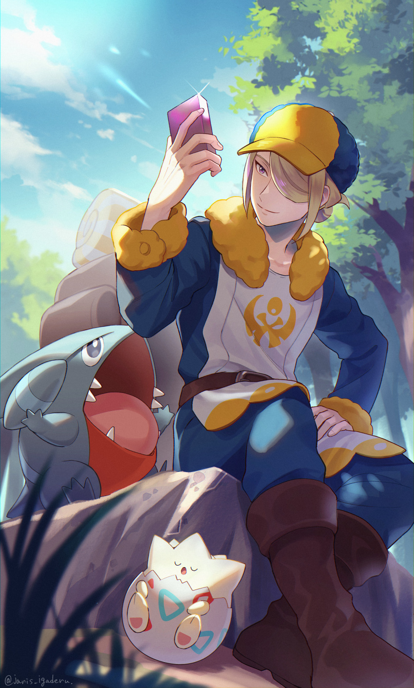 1boy, absurdres, blonde_hair, blue_jumpsuit, blurry, boots, brown_footwear, closed_mouth