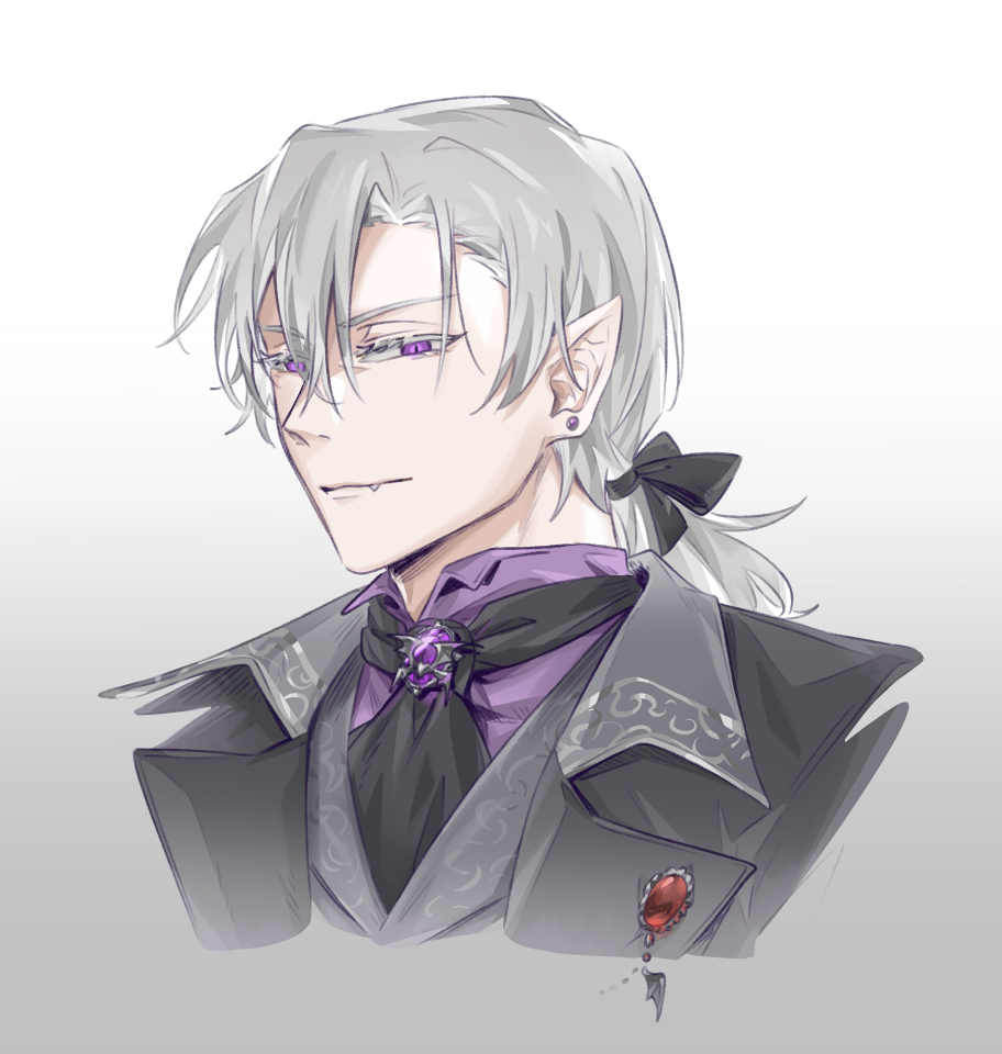 1boy, ascot, black_ascot, black_bow, bow, brooch, chiutina, fangs