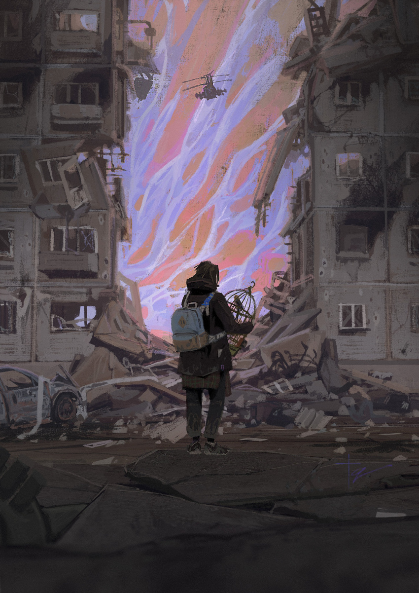 1girl, absurdres, aircraft, backpack, bag, birdcage, black_hair, building