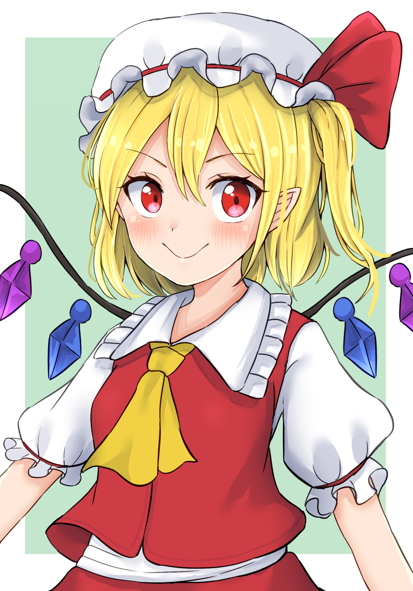 1girl, aqua_background, ascot, blonde_hair, blush, breasts, crystal, flandre_scarlet