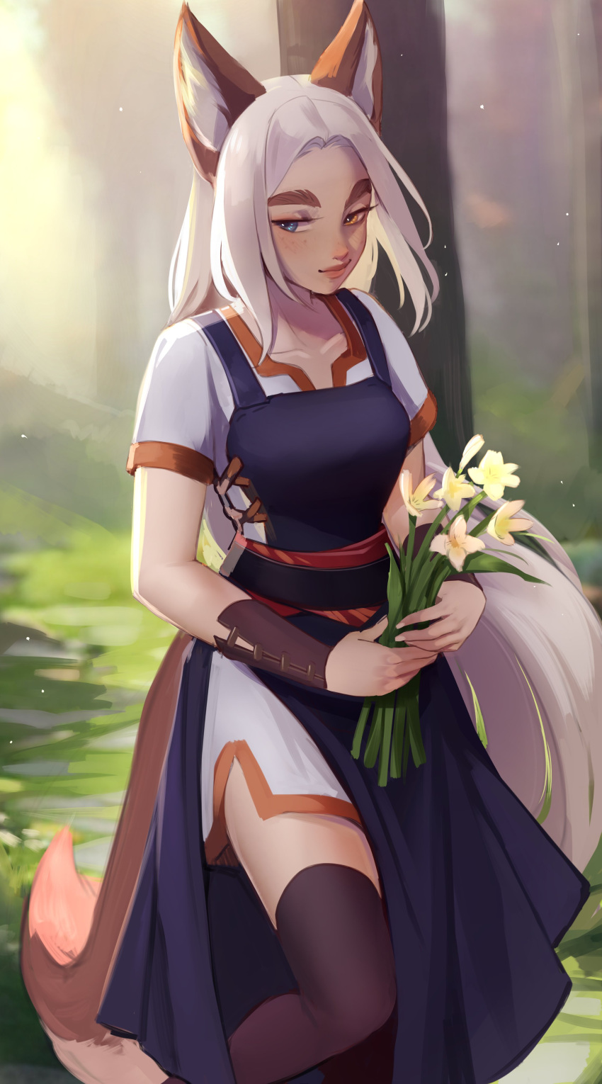 1girl, absurdres, animal_ear_fluff, animal_ears, black_thighhighs, blue_eyes, borrowed_character, collarbone