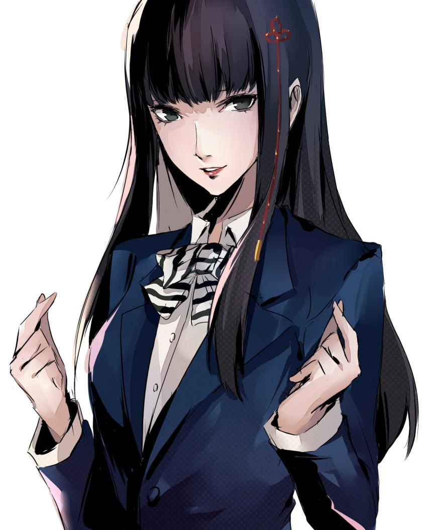 1girl, black_bow, black_bowtie, black_hair, blue_jacket, blunt_bangs, bow, bowtie