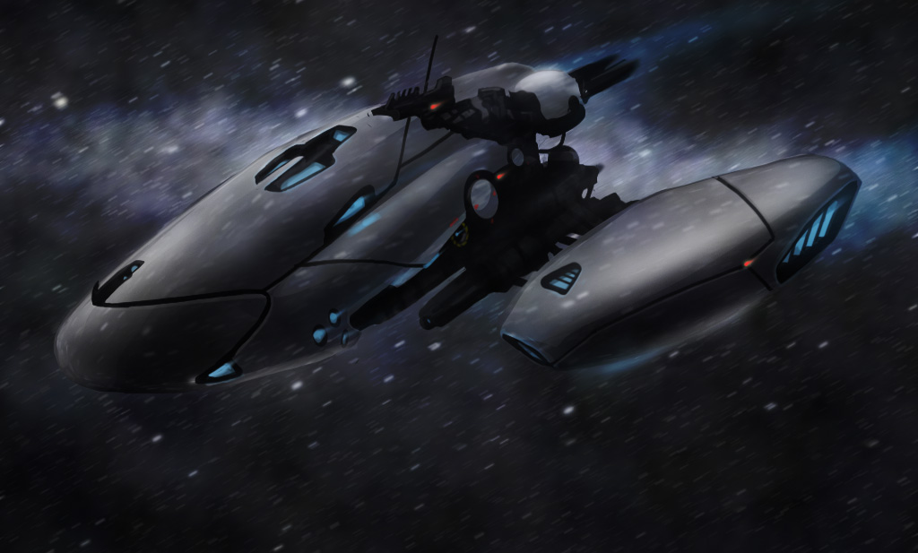 chavito34, commentary, concept_art, corvette_(eve_online), dark, eve_online, flying, glowing, grey_theme, military, military_vehicle, motion_blur, no_humans, original, outdoors, science_fiction, sky, space, spacecraft, star_(sky), starry_sky, thrusters, vehicle_focus