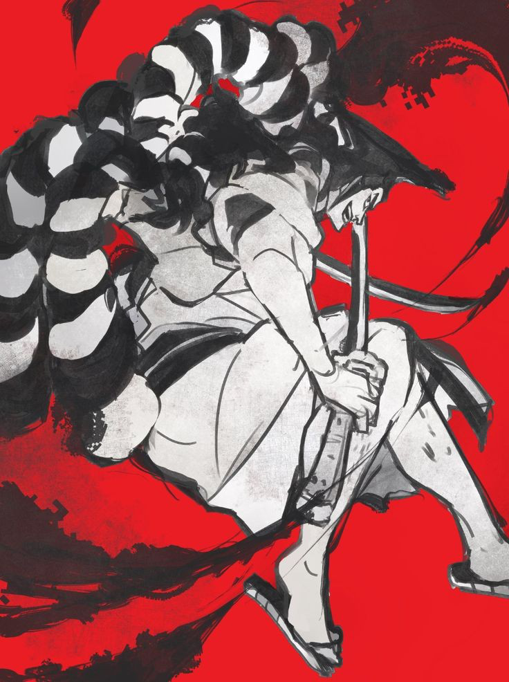 1boy, black_hair, eyeliner, facial_hair, food, holding, holding_sword, holding_weapon