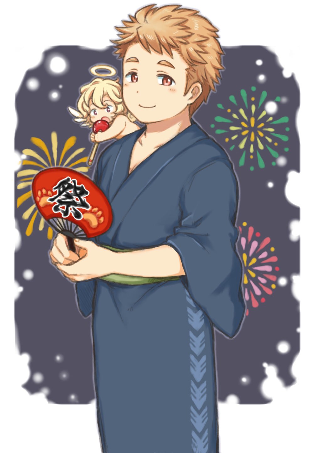 2boys, blonde_hair, blue_kimono, blush, border, brown_eyes, brown_hair, candy_apple