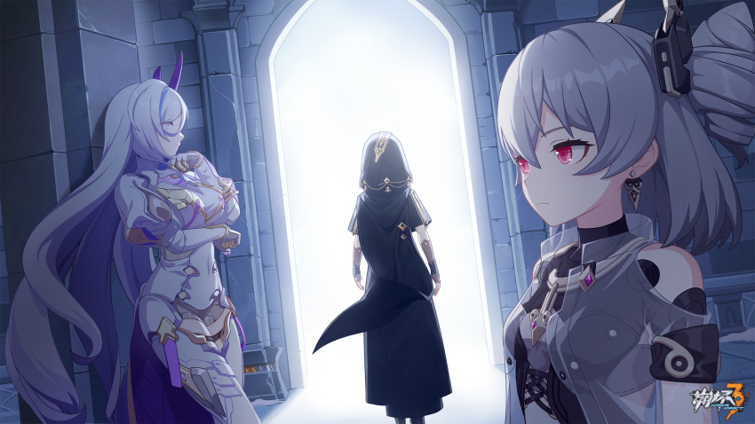 3girls, black_headwear, black_hood, breasts, chinese_commentary, clenched_hands, closed_mouth, drill_hair