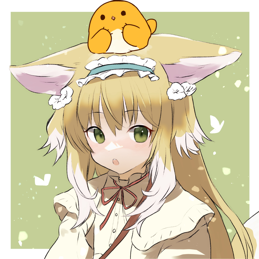 1girl, animal_ears, arknights, bidiu_(the_legend_of_luoxiaohei), blonde_hair, blue_hairband, blush, cardigan, commentary_request, crossover, dr.lamina, fox_ears, fox_girl, frilled_hairband, frills, green_background, green_eyes, hair_ornament, hair_scrunchie, hairband, long_hair, luo_xiaohei_zhanji, multicolored_hair, neck_ribbon, official_alternate_costume, on_head, open_cardigan, open_clothes, open_mouth, red_ribbon, ribbon, scrunchie, shirt, solo, suzuran_(arknights), suzuran_(spring_praise)_(arknights), teeth, two-tone_hair, upper_body, upper_teeth_only, white_hair, yellow_cardigan, yellow_shirt
