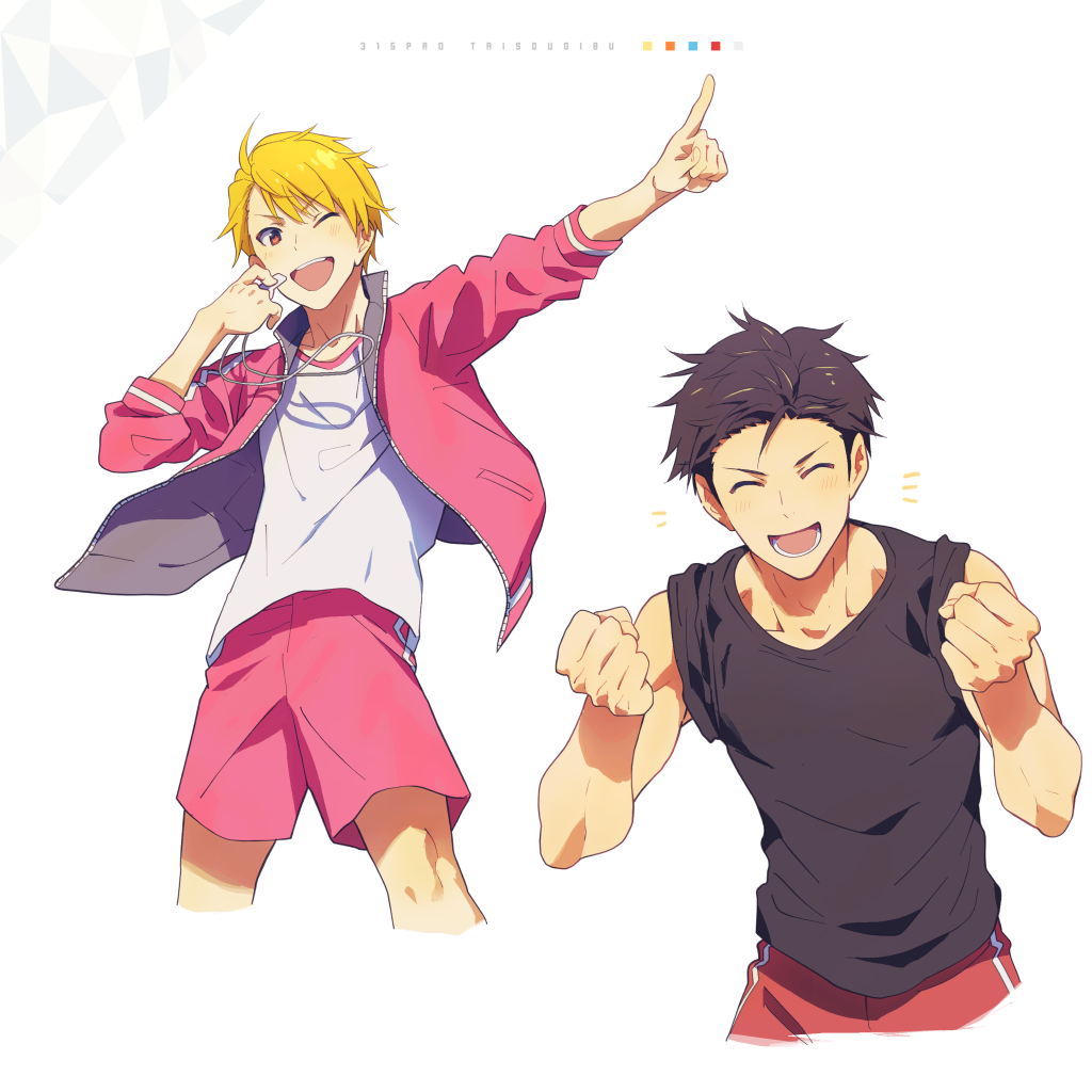 2boys, ahoge, black_shirt, clenched_hands, closed_eyes, holding, holding_whistle, idolmaster
