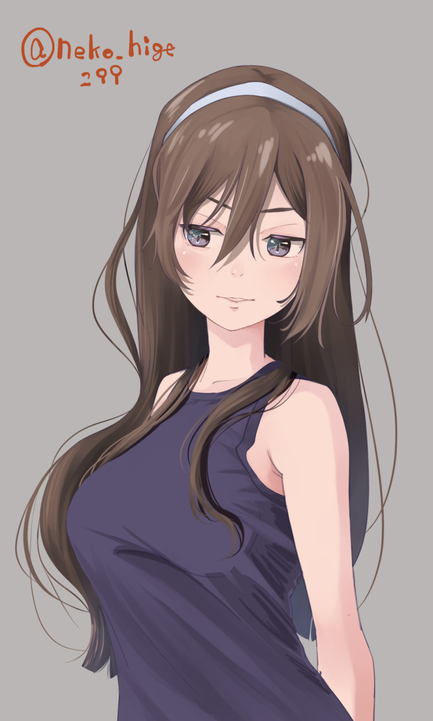 1girl, alternate_costume, ashigara_(kancolle), brown_eyes, brown_hair, grey_background, hair_between_eyes, hairband