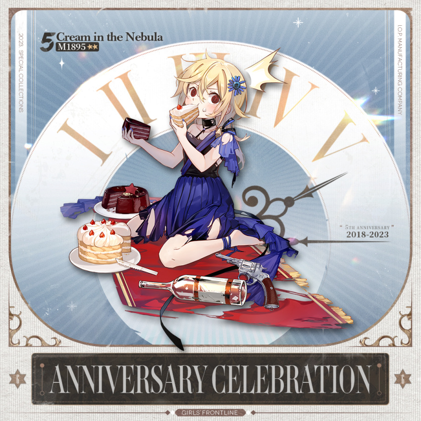 1girl, @_@, ^^^, anniversary, barefoot, blonde_hair, blue_nails, cake