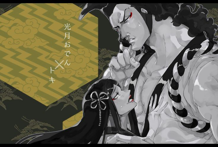 1boy, 1girl, black_hair, blush, couple, eyeliner, facial_hair, flirting