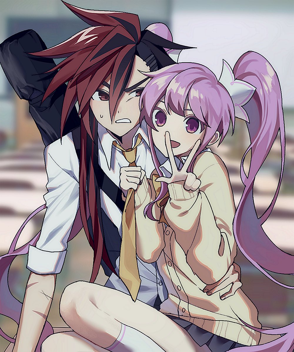 1boy, 1girl, aisha_landar, alternate_costume, black_hair, black_skirt, blurry, blurry_background, buttons, cardigan, commentary_request, contemporary, dongtae_at, elsword, elsword_(character), hair_between_eyes, hair_ribbon, immortal_(elsword), korean_commentary, long_hair, looking_at_another, looking_at_viewer, metamorphy_(elsword), miniskirt, multicolored_hair, multiple_scars, necktie, open_mouth, purple_hair, red_eyes, redhead, ribbon, scar, scar_on_arm, school_uniform, shirt, sidelocks, sitting, skirt, sleeves_past_wrists, sleeves_rolled_up, smile, sweatdrop, twintails, two-tone_hair, v, very_long_hair, violet_eyes, white_ribbon, white_shirt, yellow_cardigan, yellow_necktie