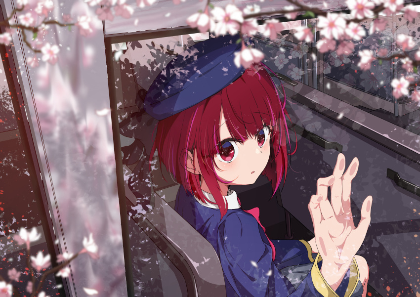 1girl, absurdres, arima_kana, beret, black_bow, blackwhite_wind, blue_headwear, blue_jacket