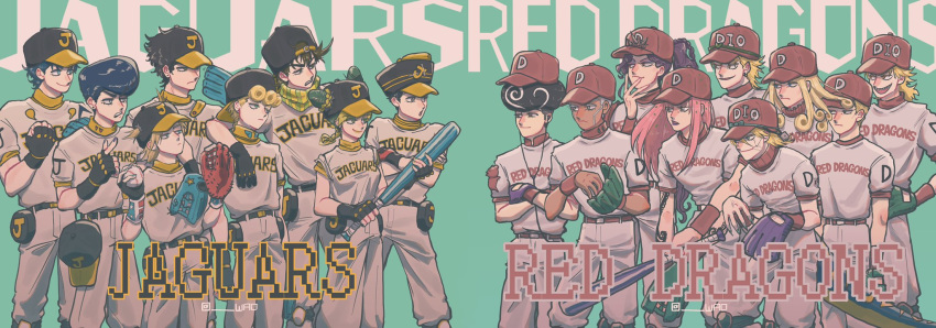 1girl, 6+boys, baseball_bat, baseball_cap, baseball_jersey, baseball_mitt, baseball_uniform, battle_tendency