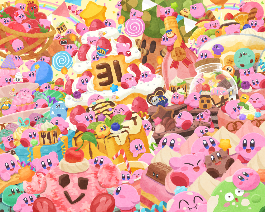 absurdres, animal_ears, anniversary, bandana_waddle_dee, basket, blue_skin, blueberry, blush_stickers