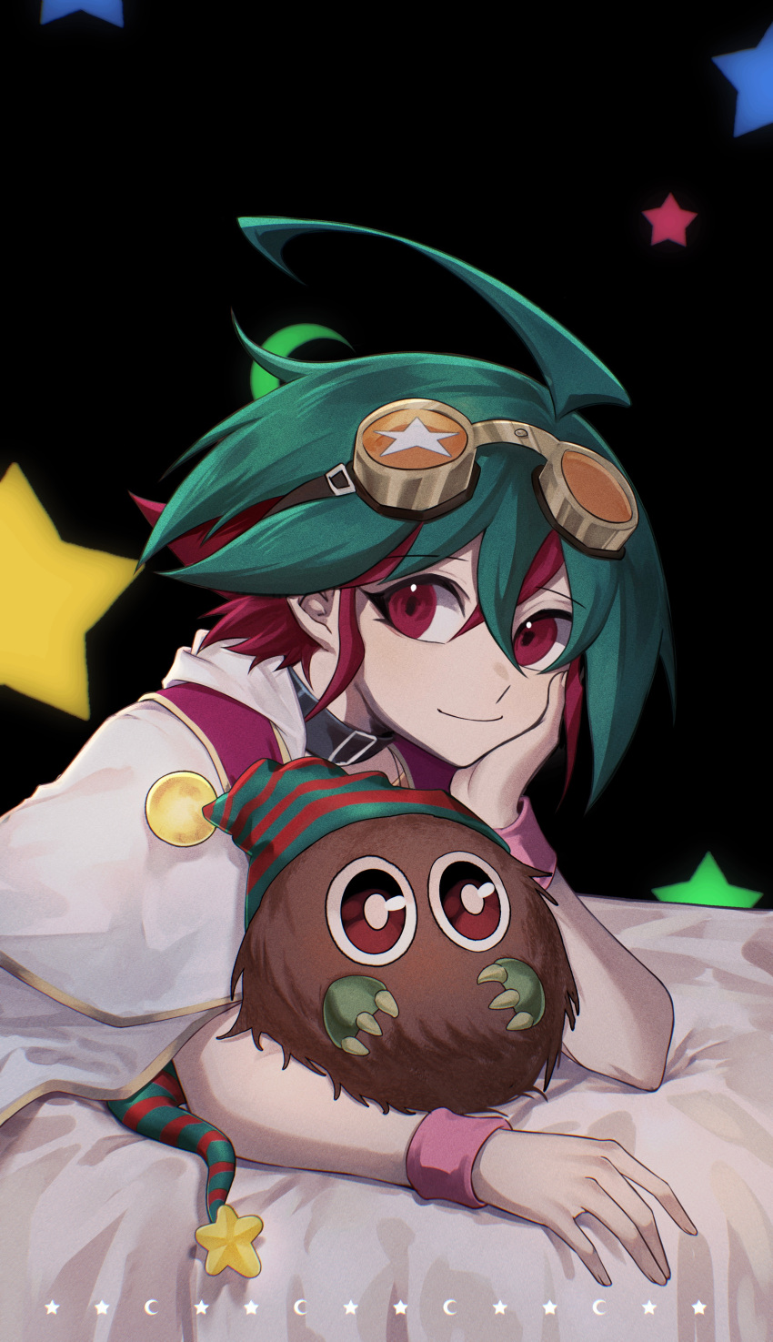absurdres, duel_monster, dyed_bangs, elbow_rest, goggles, goggles_on_head, green_hair, green_pants, highres, kuriboh, looking_at_viewer, lying, male_focus, multicolored_hair, on_stomach, orange_shirt, pants, performapal_kuribohble, redhead, sakaki_yuuya, shirt, smile, starry_background, two-tone_hair, upper_body, wudu_c, yu-gi-oh!, yu-gi-oh!_arc-v