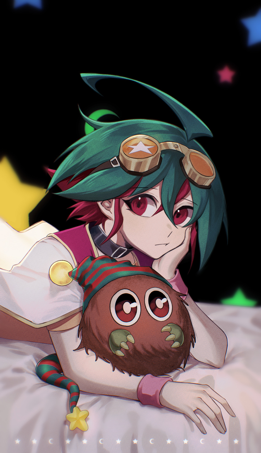 absurdres, duel_monster, dyed_bangs, elbow_rest, goggles, goggles_on_head, green_hair, green_pants