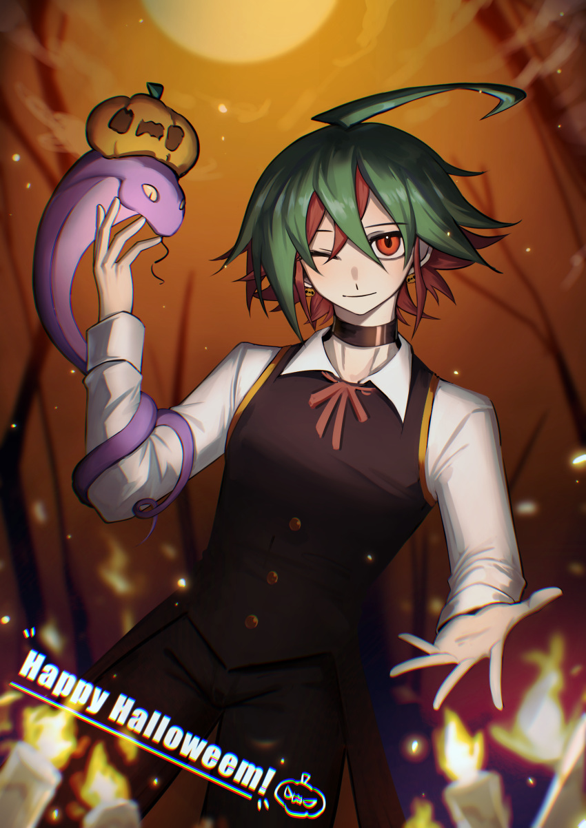 1boy, absurdres, alternate_costume, black_pants, candle, collared_shirt, dyed_bangs, feet_out_of_frame