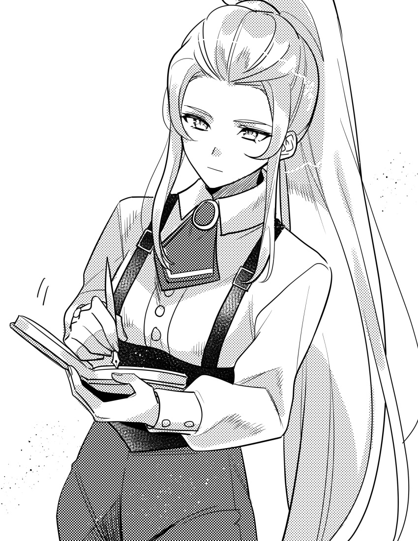 1girl, absurdres, book, closed_mouth, fire_emblem, fire_emblem_engage, greyscale, highres