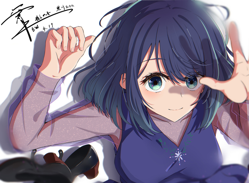 1girl, absurdres, blackwhite_wind, blue_dress, blue_eyes, blue_hair, closed_mouth, commentary_request