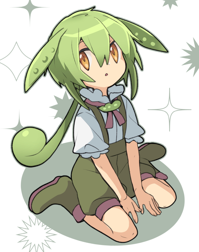 1girl, boots, commentary_request, flat_chest, full_body, green_footwear, green_hair, green_shorts