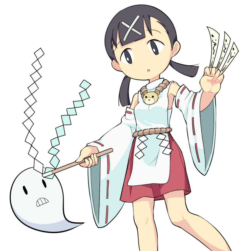 1girl, between_fingers, black_eyes, black_hair, blunt_bangs, breasts, commentary_request, detached_sleeves