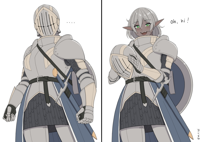 ..., 1girl, absurdres, armor, belt, belt_buckle, black_belt, blush, buckle, clenched_hands, dark-skinned_female, dark_elf, dark_skin, elf, english_text, full_armor, gauntlets, green_eyes, grey_hair, headwear_removed, helmet, helmet_removed, highres, holding, holding_helmet, knight, looking_at_viewer, mawaridi, open_mouth, original, pointy_ears, scabbard, sheath, sheathed, shield, short_hair, simple_background, smile, solo, sword, teeth, twitter_username, upper_teeth_only, weapon, white_background, yvonne_(mawaridi)