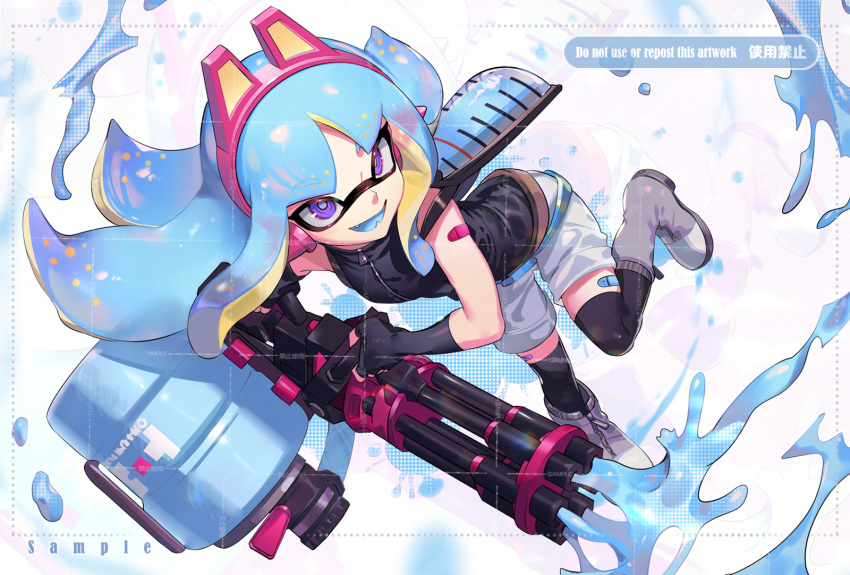 1girl, bandaid, bandaid_on_arm, black_gloves, black_thighhighs, blue_hair, blue_tongue, boots