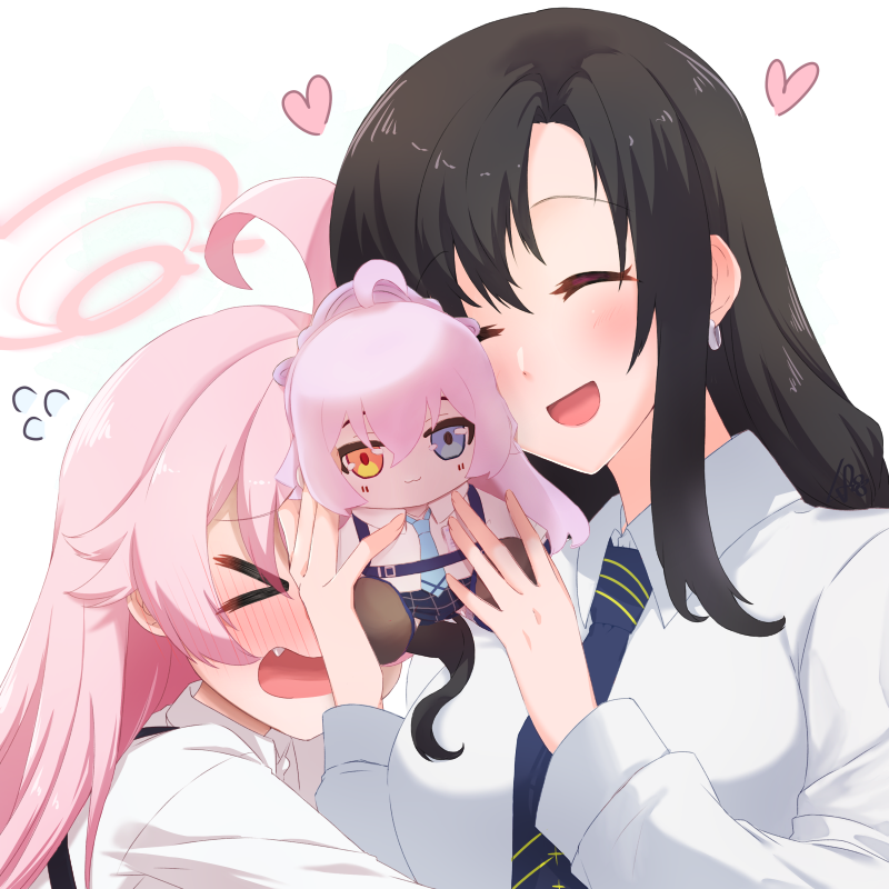 >_<, 2girls, ahoge, black_hair, blue_archive, blue_eyes, blue_necktie, blush