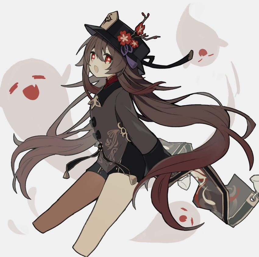 1girl, black_headwear, black_shorts, blush, boo_tao_(genshin_impact), branch, brown_coat, brown_hair