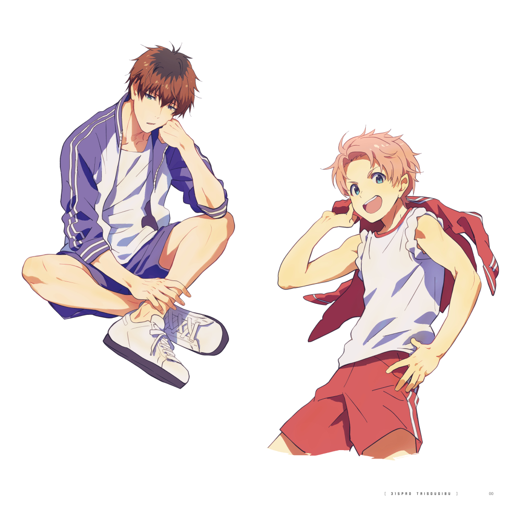 2boys, ahoge, bare_arms, blue_eyes, blue_shorts, brown_hair, green_eyes, hair_between_eyes, hand_on_own_hip, heterochromia, holding, holding_clothes, holding_jacket, idolmaster, idolmaster_side-m, indian_style, jacket, kabuto_daigo, legs, male_focus, map_(map_imas), mole, mole_under_eye, multiple_boys, open_clothes, open_jacket, pink_hair, red_shorts, shirt, shoelaces, shoes, shorts, sitting, sleeveless, sleeveless_shirt, sneakers, takajo_kyoji, teeth, upper_teeth_only, white_background, white_footwear, white_shirt