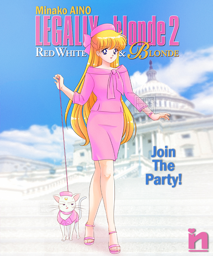 aino_minako, artemis_(sailor_moon), beret, bishoujo_senshi_sailor_moon, blonde_hair, bow, cat, hair_bow, hat, high_heels, legally_blonde, long_hair, looking_at_viewer, pencil_skirt, pink_bow, pink_footwear, pink_headwear, pink_shirt, pink_skirt, saotome_nanda, shirt, skirt, smile, united_states_capitol, washington_d.c., white_fur