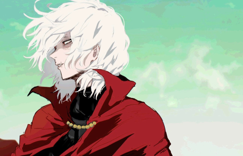 1boy, ametaro_(ixxxzu), black_shirt, boku_no_hero_academia, cape, clouds, day, green_sky