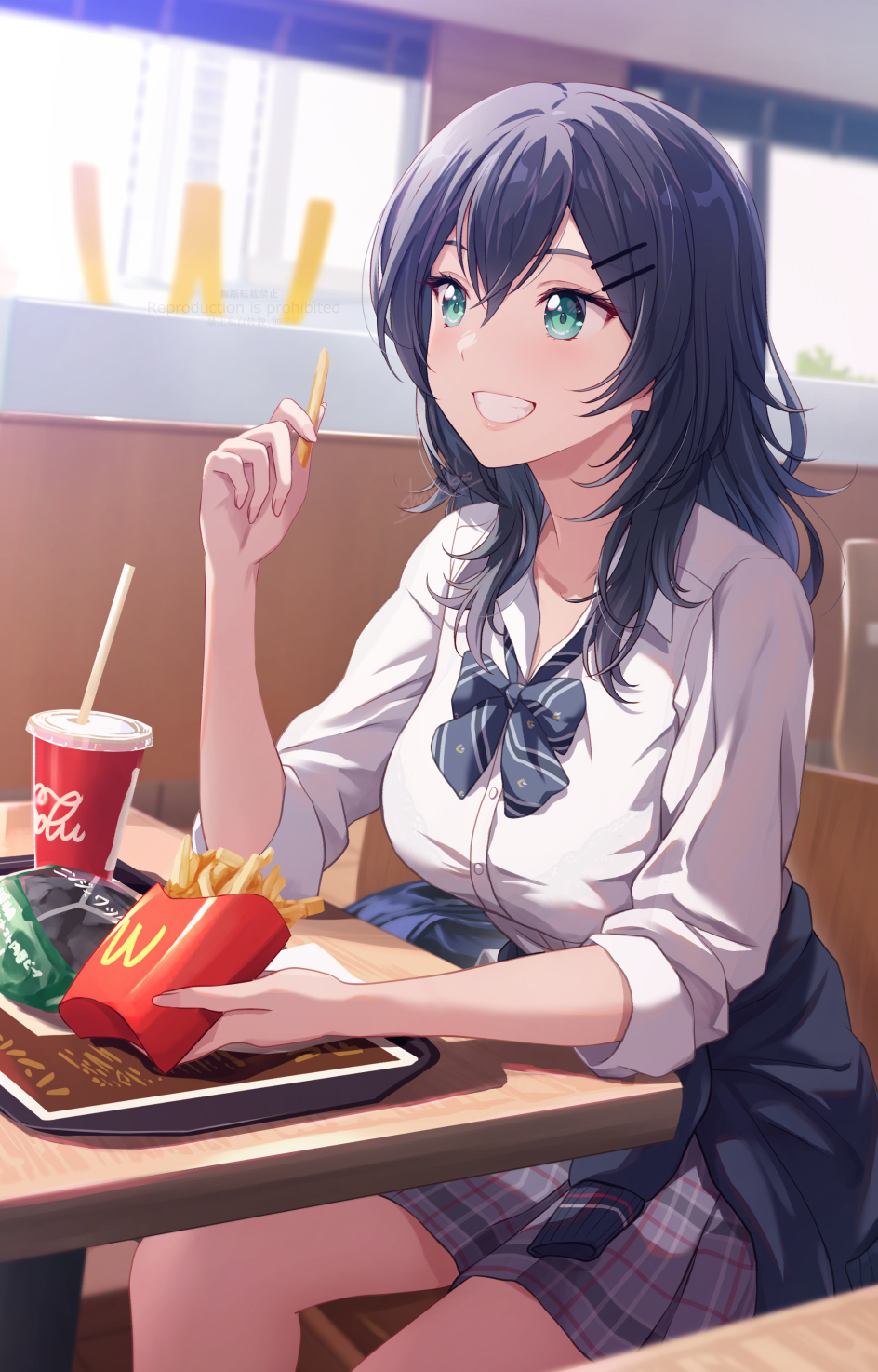 1girl, aqua_eyes, black_hair, blue_cardigan, blush, booth_seating, cardigan, cardigan_around_waist