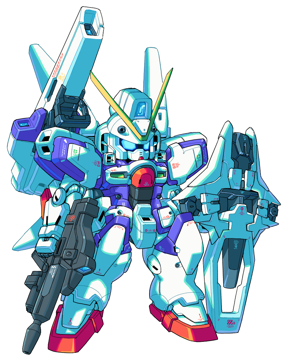 beam_cannon, beam_rifle, blue_eyes, chibi, commentary_request, energy_gun, gun, gundam, haiteku_reibou, highres, holding, holding_gun, holding_shield, holding_weapon, mecha, mobile_suit, no_humans, robot, science_fiction, second_victory_gundam, shield, shoulder_cannon, simple_background, solo, standing, v-fin, victory_gundam, weapon, white_background