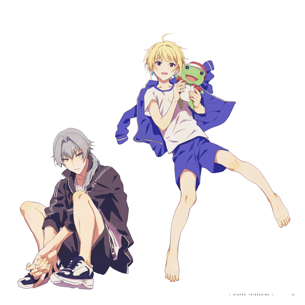 2boys, ahoge, barefoot, black_jacket, blue_jacket, blue_shorts, earrings, full_body, grey_hair, holding, holding_stuffed_toy, idolmaster, idolmaster_side-m, jacket, jewelry, kaerre, kizaki_ren, legs, male_focus, map_(map_imas), multiple_boys, pierre_bichelberger, shirt, shoes, shorts, sleeves_rolled_up, sneakers, stuffed_animal, stuffed_frog, stuffed_toy, toenails, toes, violet_eyes, white_background, white_shirt, yellow_eyes