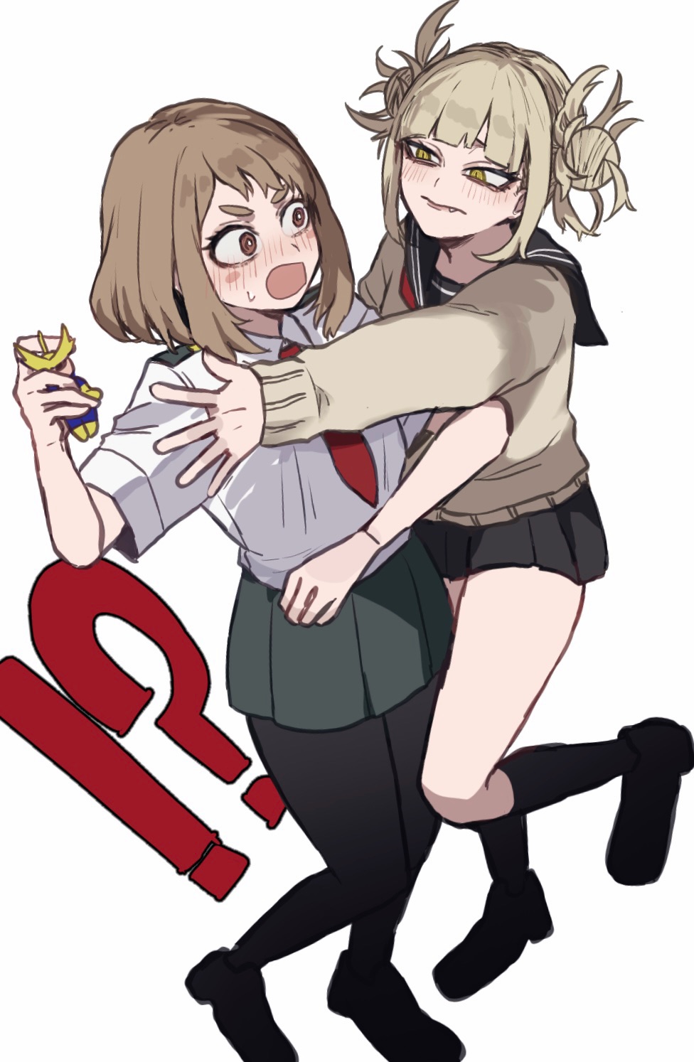 !?, 2girls, all_might, ametaro_(ixxxzu), black_pantyhose, black_skirt, blonde_hair, blue_sailor_collar