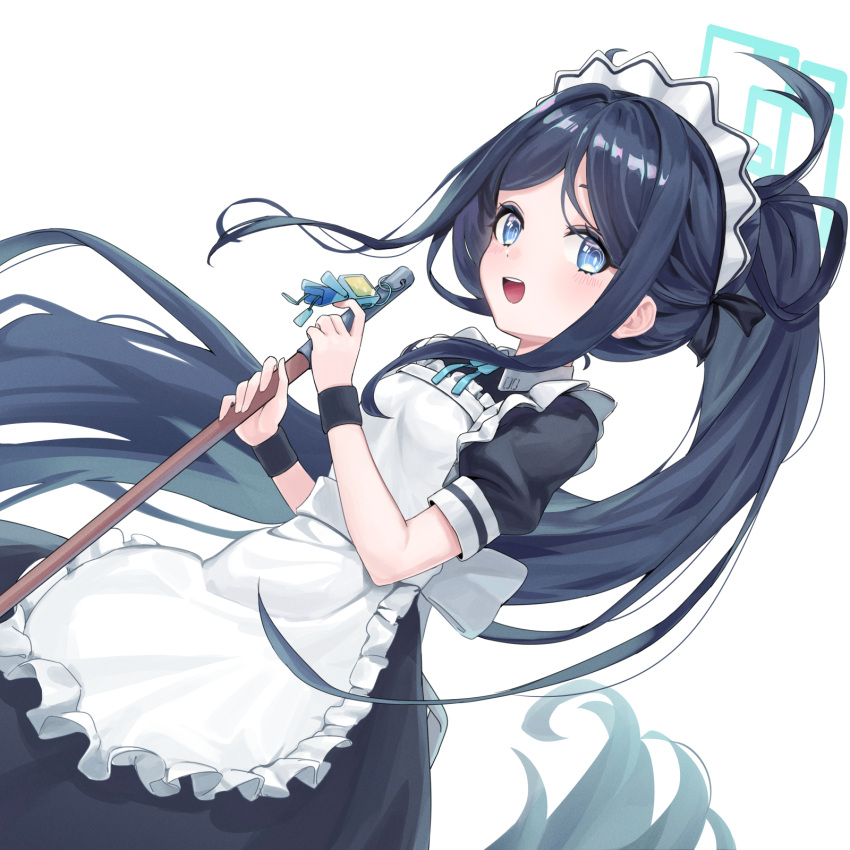 1girl, :d, absurdly_long_hair, apron, aris_(blue_archive), aris_(maid)_(blue_archive), black_dress, black_hair