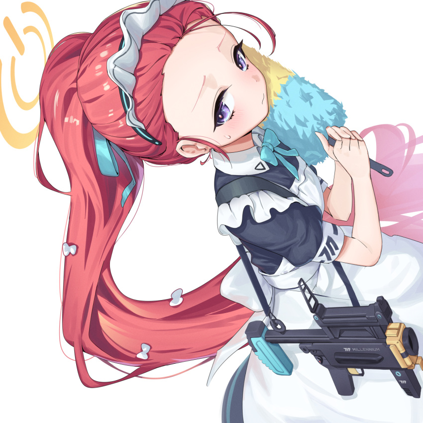 1girl, apron, black_dress, blue_archive, blue_bow, blue_bowtie, blue_ribbon, blush
