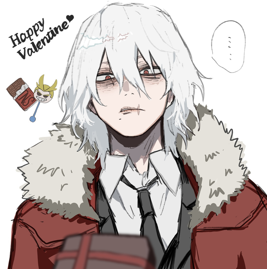 ..., 1boy, all_might, ametaro_(ixxxzu), black_necktie, boku_no_hero_academia, box, candy, chocolate, chocolate_bar, coat, collared_shirt, food, fur-trimmed_coat, fur_trim, gift, happy_valentine, heart-shaped_box, highres, male_focus, medium_hair, necktie, red_coat, red_eyes, shigaraki_tomura, shirt, simple_background, speech_bubble, suit_jacket, upper_body, valentine, white_background, white_shirt