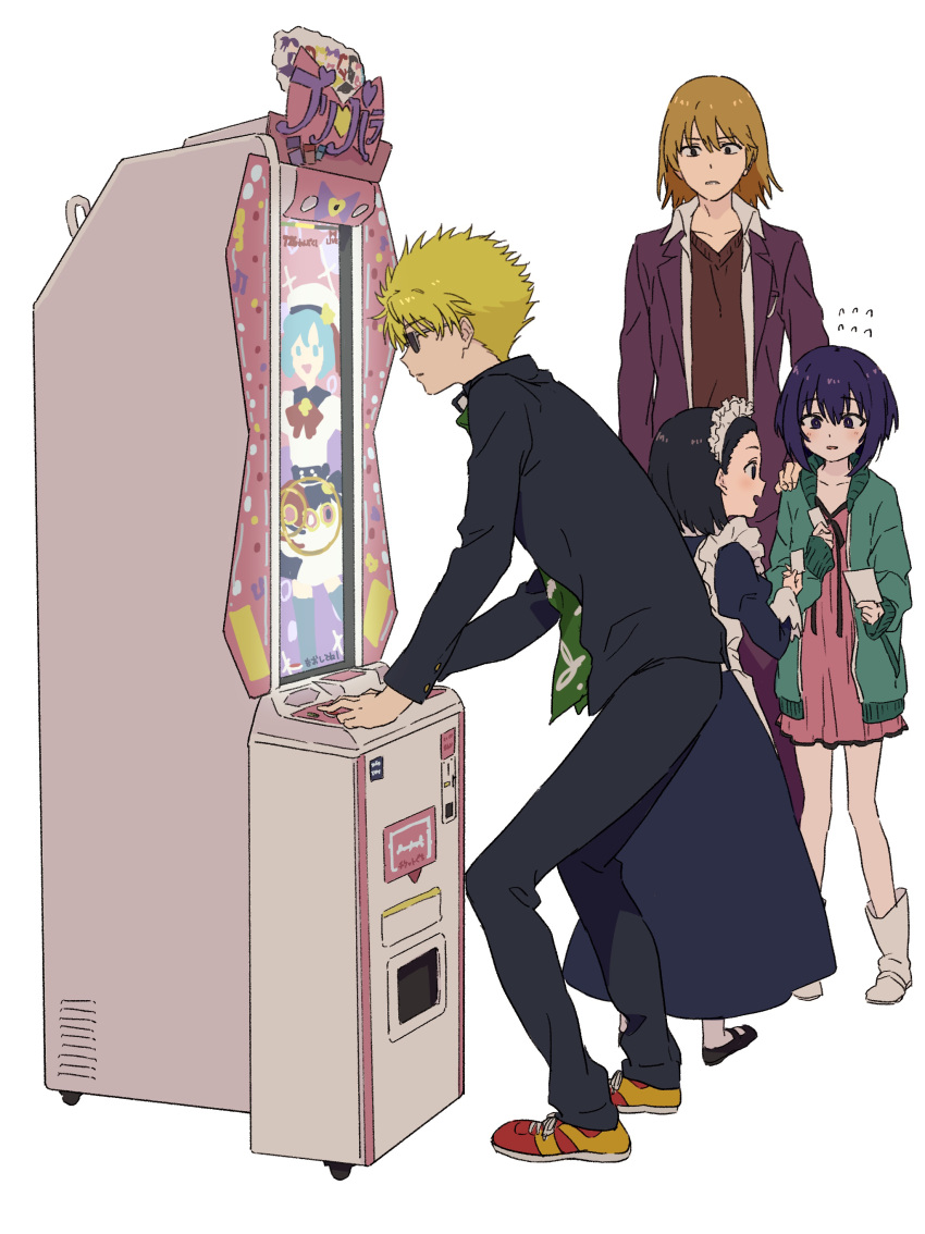 2boys, 2girls, absurdres, age_difference, apron, arcade_cabinet, black_bow, black_dress
