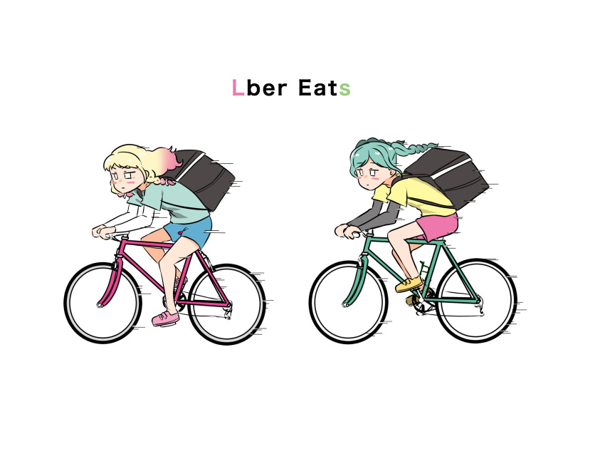 absurdres, aqua_hair, bicycle, blonde_hair, braid, flat_color, food_delivery_box, gradient_hair, ground_vehicle, highres, kanzakigorou, long_sleeves, love_live!, love_live!_superstar!!, multicolored_hair, onitsuka_natsumi, onitsuka_tomari, pink_hair, riding, riding_bicycle, shorts, siblings, sisters, speed_lines, twin_braids, uber_eats, white_background