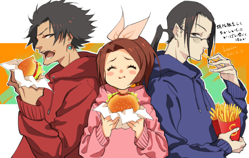 1girl, 2boys, ^_^, black_eyes, black_hair, blue_hoodie, blush_stickers, bow