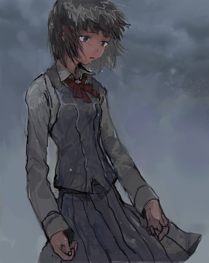 arms_at_sides, black_hair, blue_eyes, blue_skirt, blue_vest, bob_cut, bow, bowtie, breasts, clouds, cloudy_sky, commentary, cowboy_shot, curled_fingers, dark, depressed, dress_shirt, floating_clothes, floating_hair, grey_background, long_sleeves, looking_ahead, looking_down, messy_hair, narutaru, outdoors, parted_lips, pleated_skirt, raised_eyebrows, red_bow, red_bowtie, sad, sakura_akira, school_uniform, shirt, short_hair, sketch, skirt, sky, small_breasts, standing, user_gzvk4878, vest, water_drop, wet, wet_clothes, wet_hair, white_shirt, wind