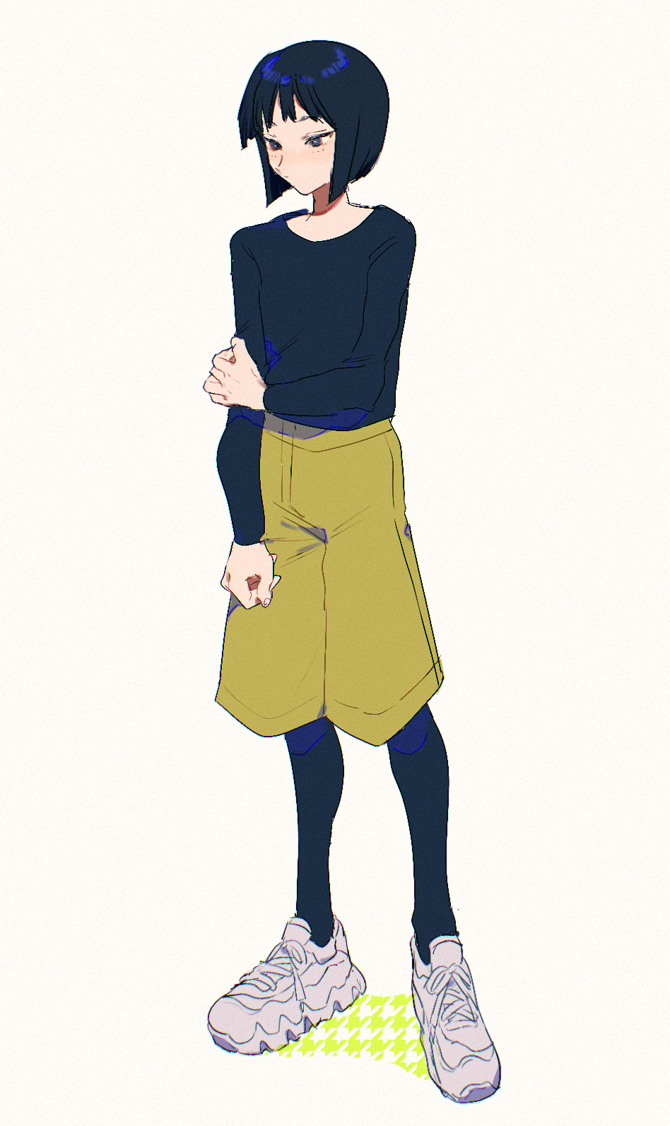 1girl, anago_(tokyo_retro_gokko), black_pantyhose, black_shirt, blue_eyes, blue_hair, blush, bob_cut