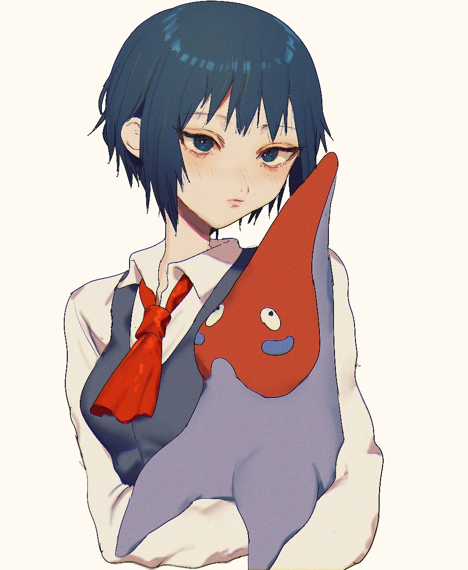 1girl, anago_(tokyo_retro_gokko), blue_eyes, blue_hair, blue_vest, blush, bob_cut, breasts